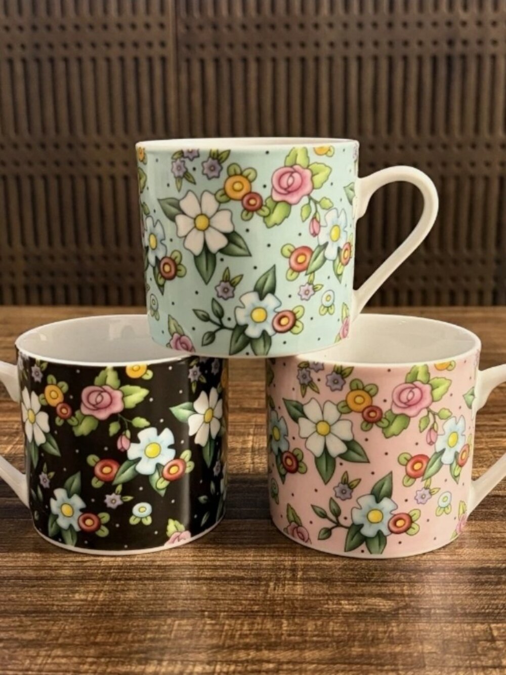 Mary Engelbreit Floral Demitasse Tea Cup Set of 3 Pastel Black 2002 Enesco
